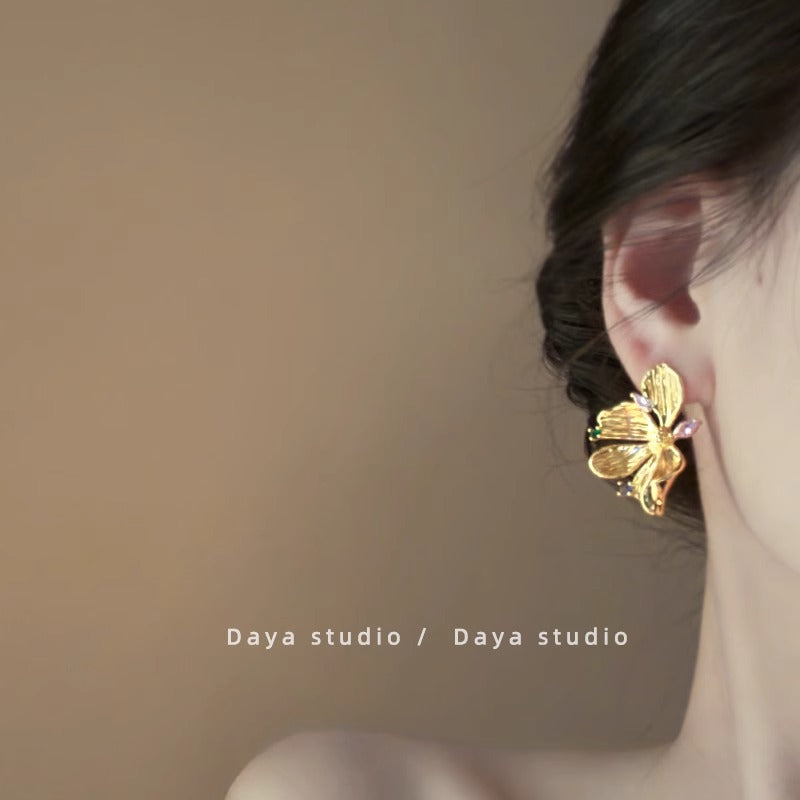 Wholesale Gold-plated Color Zircon Metal Flower Earrings